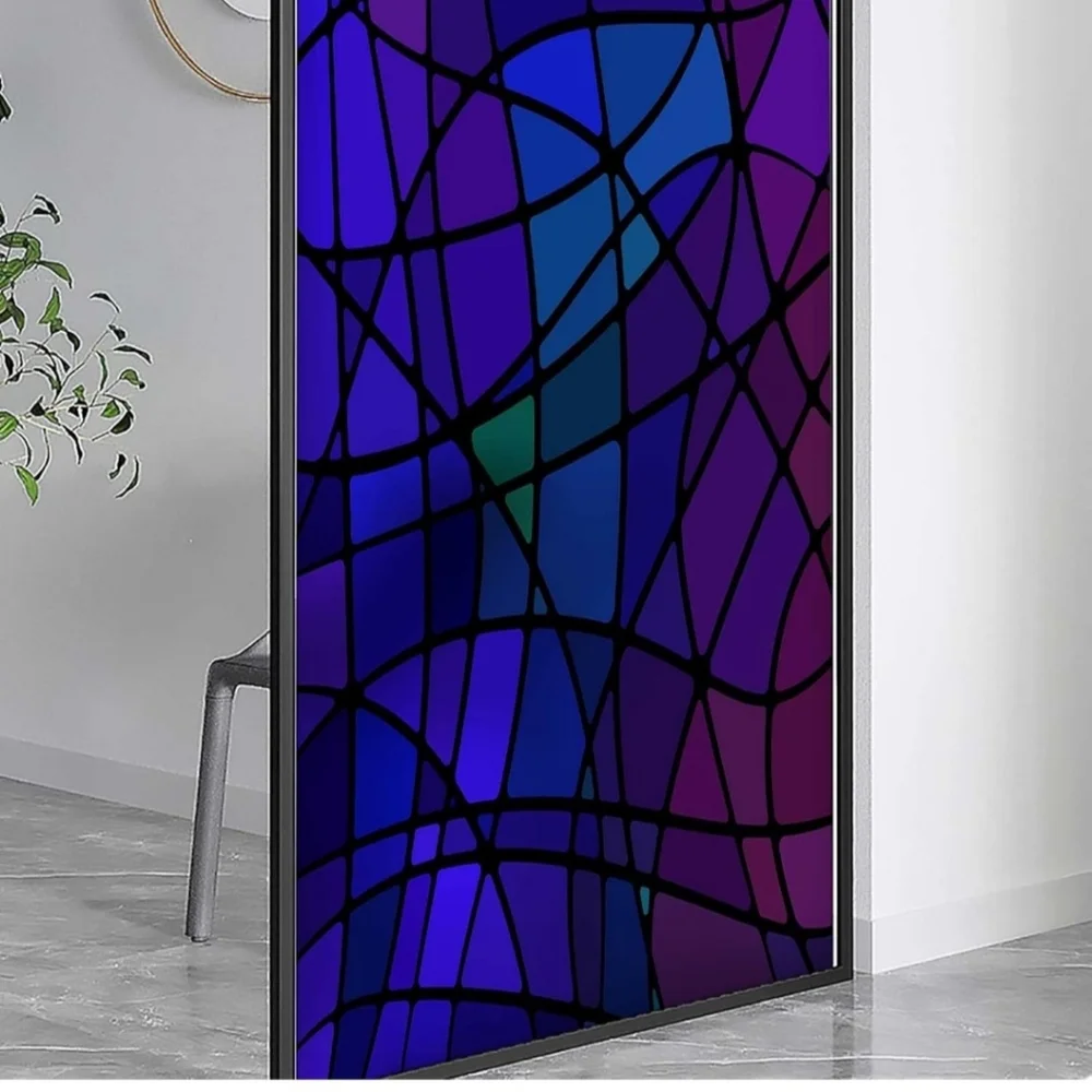 Blue Stained Glass Non-Adhesive Opaque Static Cling Abstract Removable Glass